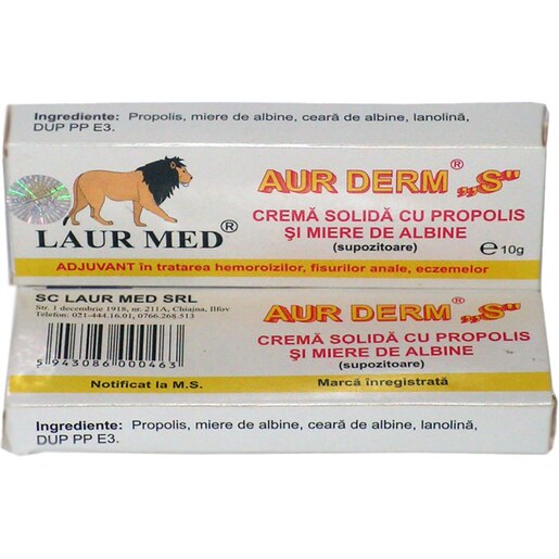 Supozitoare Aur Derm Propolis si Miere de albine, 1.5 g x 10 bucati, LAUR MED Supozitoare Aur Derm Propolis si Miere de albine, 1.5 g x 10 bucati, LAUR MED
