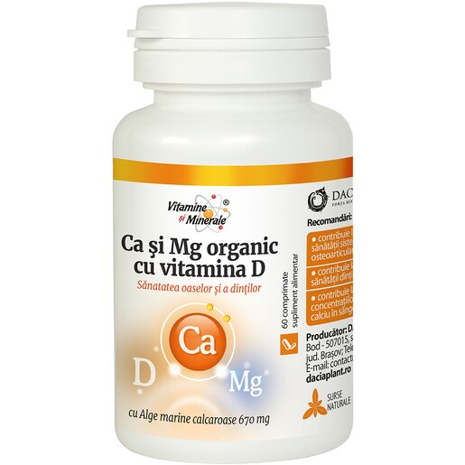 Supliment alimentar Calciu, Magneziu Organic, Vitamina D, 60 comprimate, DACIA PLANT Supliment alimentar Calciu, Magneziu Organic, Vitamina D, 60 comprimate, DACIA PLANT