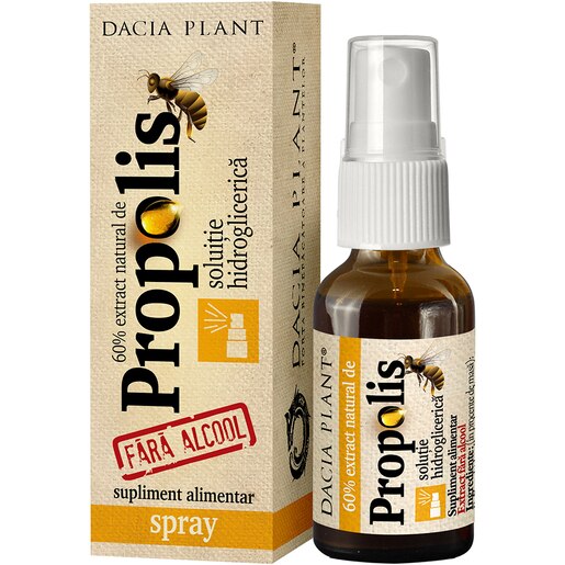 Supliment alimentar Spray cu extract de Propolis fara alcool, 20 ml, DACIA PLANT Supliment alimentar Spray cu extract de Propolis fara alcool, 20 ml, DACIA PLANT