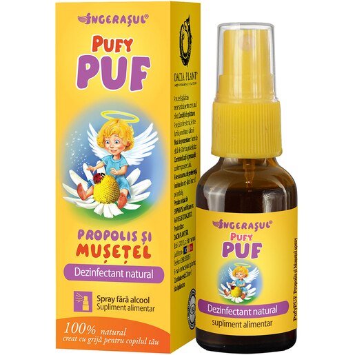 Supliment alimentar Spray PufyPuf cu extract de Propolis si Musetel, 20 ml, DACIA PLANT Supliment alimentar Spray PufyPuf cu extract de Propolis si Musetel, 20 ml, DACIA PLANT