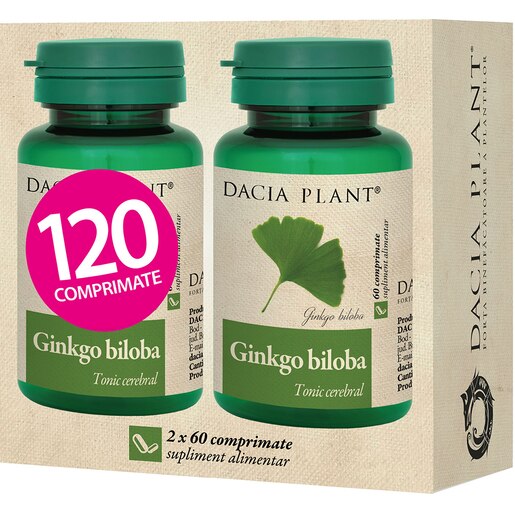 Pachet supliment alimentar Ginkgo Biloba, 2 x 60 comprimate, DACIA PLANT Pachet supliment alimentar Ginkgo Biloba, 2 x 60 comprimate, DACIA PLANT