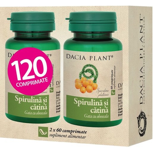 Pachet supliment alimentar Spirulina si Catina, 2 x 60 comprimate, DACIA PLANT Pachet supliment alimentar Spirulina si Catina, 2 x 60 comprimate, DACIA PLANT
