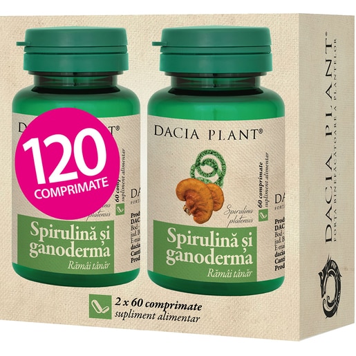 Pachet supliment alimentar Spirulina si Ganoderma, 2 x 60 comprimate, DACIA PLANT Pachet supliment alimentar Spirulina si Ganoderma, 2 x 60 comprimate, DACIA PLANT