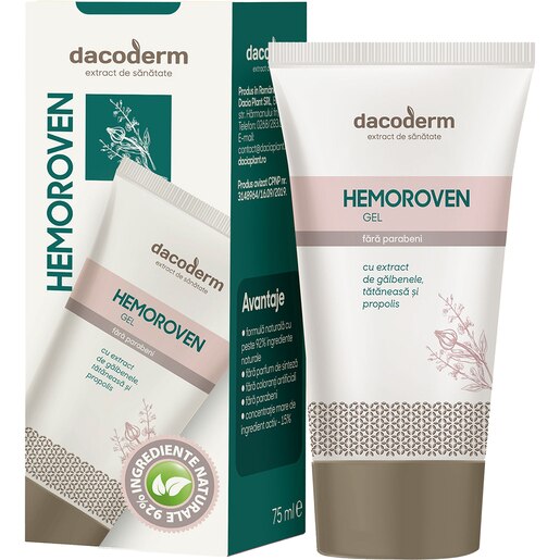 Gel Hemoroven Dacoderm cu extract de galbenele si propolis, 75 ml, DACIA PLANT Gel Hemoroven Dacoderm cu extract de galbenele si propolis, 75 ml, DACIA PLANT