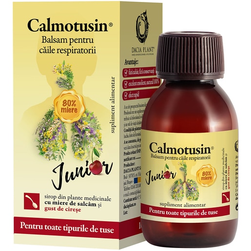 Supliment alimentar Sirop Calmotusin Junior cu gust de Cirese, 100 ml, DACIA PLANT Supliment alimentar Sirop Calmotusin Junior cu gust de Cirese, 100 ml, DACIA PLANT