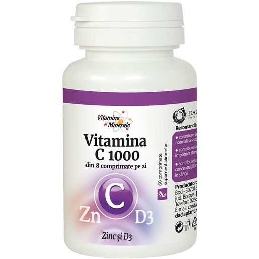 Supliment alimentar Vitamina C 1000 cu Zinc si D3, 60 comprimate, DACIA PLANT Supliment alimentar Vitamina C 1000 cu Zinc si D3, 60 comprimate, DACIA PLANT