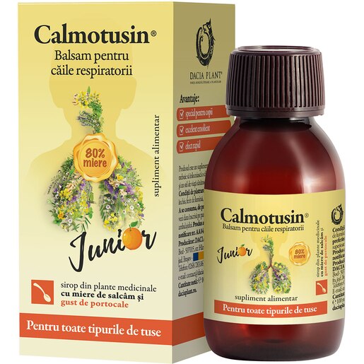 Supliment alimentar Sirop Calmotusin Junior cu gust de portocale, 100 ml, DACIA PLANT Supliment alimentar Sirop Calmotusin Junior cu gust de portocale, 100 ml, DACIA PLANT