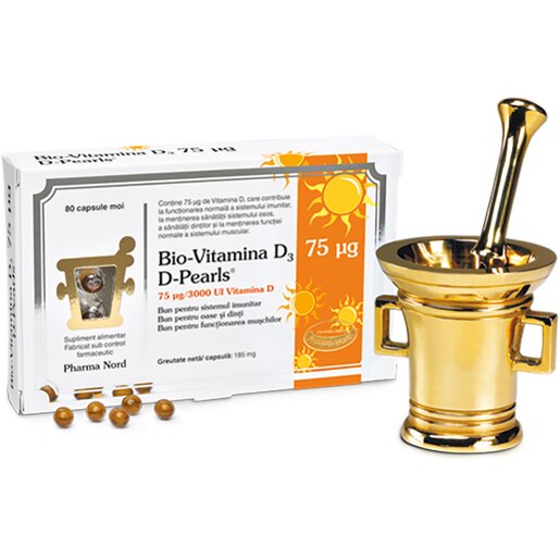 Supliment alimentar D-Pearls Bio-Vitamina D3 3000UI, 80 capsule moi, PHARMA NORD Supliment alimentar D-Pearls Bio-Vitamina D3 3000UI, 80 capsule moi, PHARMA NORD