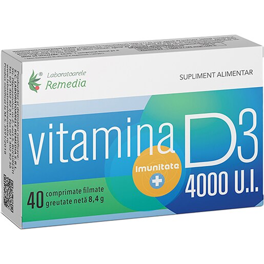 Supliment alimentar Vitamina D3 4000UI, 40 comprimate filmate, LABORATOARELE REMEDIA Supliment alimentar Vitamina D3 4000UI, 40 comprimate filmate, LABORATOARELE REMEDIA