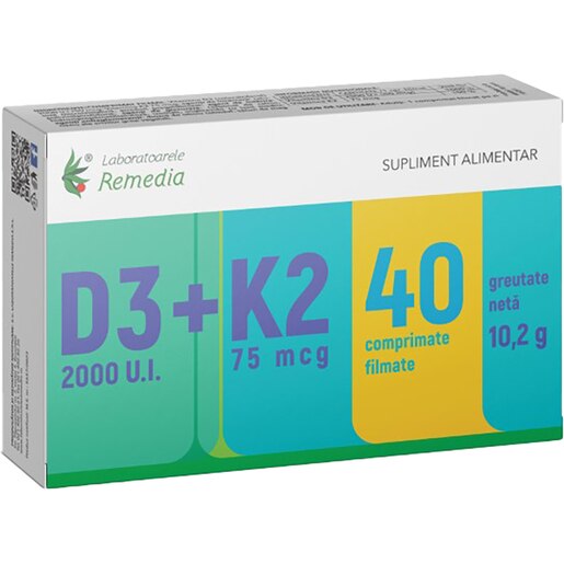 Supliment alimentar Vitamina D3 2000UI + K2 75 mcg, 40 comprimate filmate, LABORATOARELE REMEDIA Supliment alimentar Vitamina D3 2000UI + K2 75 mcg, 40 comprimate filmate, LABORATOARELE REMEDIA