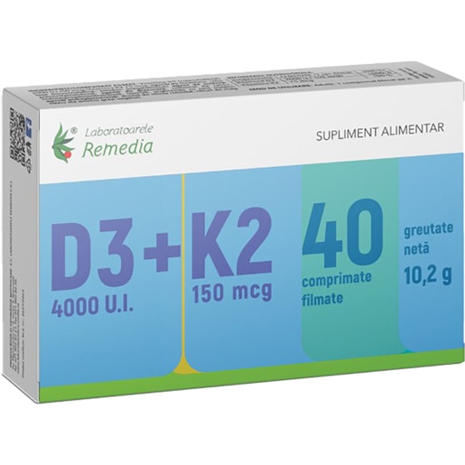 Supliment alimentar Vitamina D3 4000UI + K2 150 mcg, 40 comprimate filmate, LABORATOARELE REMEDIA Supliment alimentar Vitamina D3 4000UI + K2 150 mcg, 40 comprimate filmate, LABORATOARELE REMEDIA