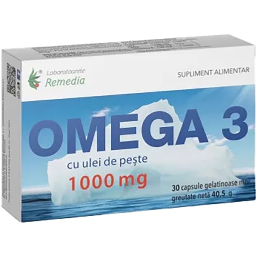 Supliment alimentar Omega 3 cu ulei de peste 1000 mg, 30 capsule moi, LABORATOARELE REMEDIA Supliment alimentar Omega 3 cu ulei de peste 1000 mg, 30 capsule moi, LABORATOARELE REMEDIA