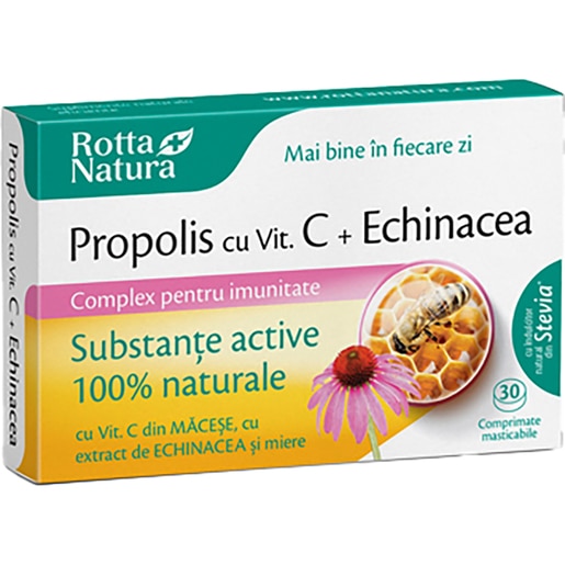 Supliment Propolis + Vitamina C naturala + Extr.Echinacea si Miere, 30 comprimate masticabile, ROTTA NATURA Supliment Propolis + Vitamina C naturala + Extr.Echinacea si Miere, 30 comprimate masticabile, ROTTA NATURA