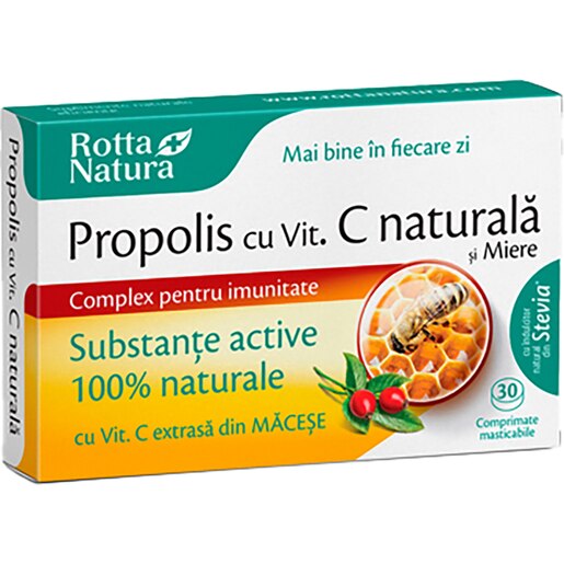 Supliment Propolis + Vitamina C naturala si Miere, 30 comprimate masticabile, ROTTA NATURA Supliment Propolis + Vitamina C naturala si Miere, 30 comprimate masticabile, ROTTA NATURA