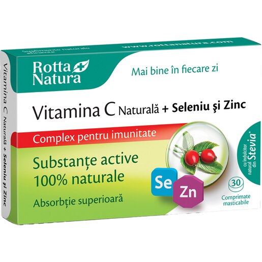 Supliment Vitamina C naturala + Seleniu si Zinc, 30 comprimate masticabile, ROTTA NATURA Supliment Vitamina C naturala + Seleniu si Zinc, 30 comprimate masticabile, ROTTA NATURA