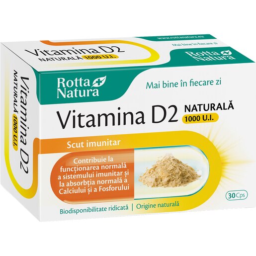 Supliment Vitamina D2 naturala 1000 U.I, 30 capsule, ROTTA NATURA Supliment Vitamina D2 naturala 1000 U.I, 30 capsule, ROTTA NATURA