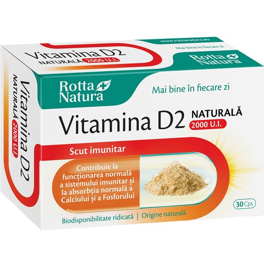 Supliment Vitamina D2 naturala 2000 U.I, 30 capsule, ROTTA NATURA Supliment Vitamina D2 naturala 2000 U.I, 30 capsule, ROTTA NATURA