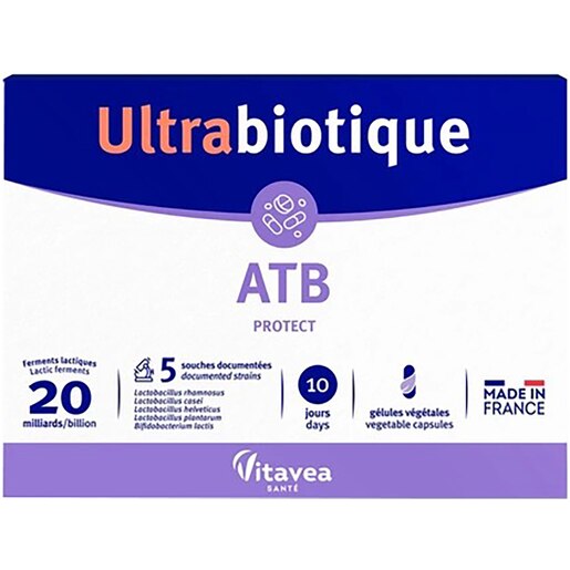 Supliment ATB Protect Ultrabiotique Probiotic protector al microbiomului in curele cu antibiotice, 10 capsule vegetale, VITAVEA Supliment ATB Protect Ultrabiotique Probiotic protector al microbiomului in curele cu antibiotice, 10 capsule vegetale, VITAVEA