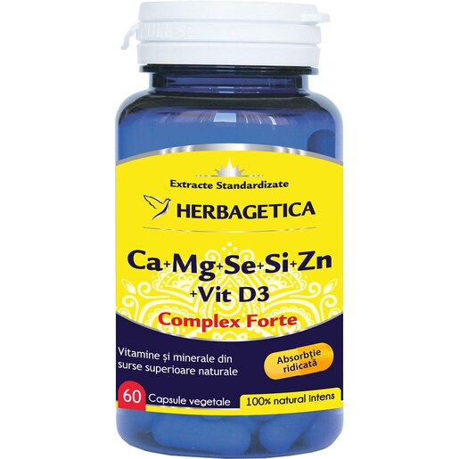 Supliment alimentar Ca+Mg+Se+Si+Zn Organice cu D3, 60 capsule, HERBAGETICA Supliment alimentar Ca+Mg+Se+Si+Zn Organice cu D3, 60 capsule, HERBAGETICA