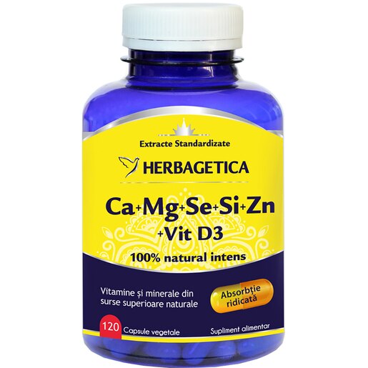 Supliment alimentar Ca+Mg+SE+Si+Zn Organice cu D3, 120 capsule, HERBAGETICA Supliment alimentar Ca+Mg+SE+Si+Zn Organice cu D3, 120 capsule, HERBAGETICA