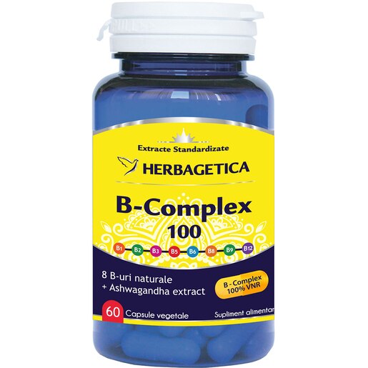Supliment alimentar B-Complex 100, 60 capsule, HERBAGETICA Supliment alimentar B-Complex 100, 60 capsule, HERBAGETICA