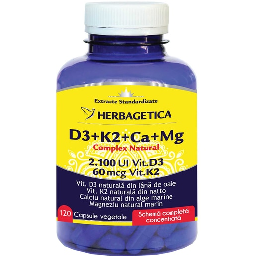 Supliment alimentar D3+K2+CA+Mg Complex Natural, 120 capsule vegetale, HERBAGETICA Supliment alimentar D3+K2+CA+Mg Complex Natural, 120 capsule vegetale, HERBAGETICA