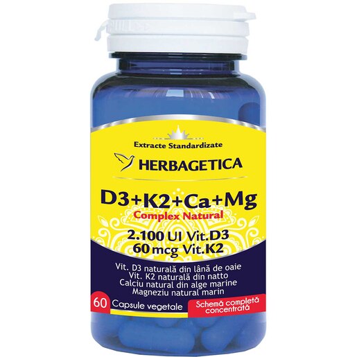 Supliment alimentar D3+K2+CA+Mg Complex Natural, 60 capsule vegetale, HERBAGETICA Supliment alimentar D3+K2+CA+Mg Complex Natural, 60 capsule vegetale, HERBAGETICA