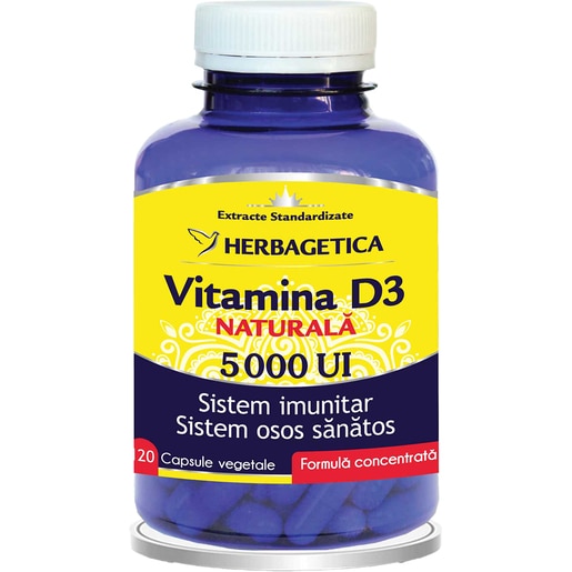 Supliment Vitamina D3 Naturala 5.000 UI, 120 capsule, HERBAGETICA Supliment Vitamina D3 Naturala 5.000 UI, 120 capsule, HERBAGETICA