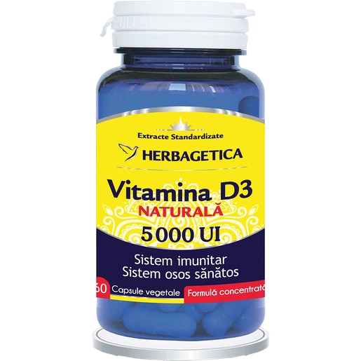 Supliment Vitamina D3 Naturala 5.000 UI, 60 capsule, HERBAGETICA Supliment Vitamina D3 Naturala 5.000 UI, 60 capsule, HERBAGETICA