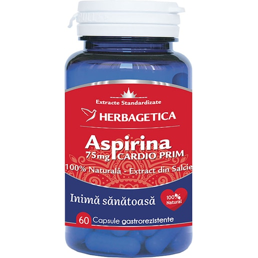 Supliment alimentar Aspirina Naturala Cardio Prim 75 mg, 60 capsule, HERBAGETICA Supliment alimentar Aspirina Naturala Cardio Prim 75 mg, 60 capsule, HERBAGETICA