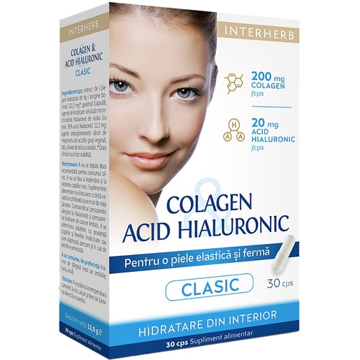 Colagen si Acid Hialuronic clasic, 30 capsule, INTERHERB Colagen si Acid Hialuronic clasic, 30 capsule, INTERHERB