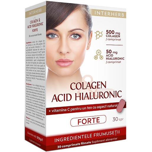 Colagen si Acid Hialuronic Forte, 30 comprimate, INTERHERB Colagen si Acid Hialuronic Forte, 30 comprimate, INTERHERB