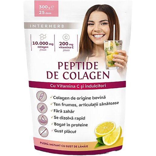 Peptide de Colagen pudra 10.000 mg si Vitamina C cu aroma de lamaie, 300 g, INTERHERB Peptide de Colagen pudra 10.000 mg si Vitamina C cu aroma de lamaie, 300 g, INTERHERB