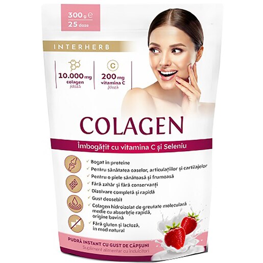 Colagen pudra 10.000 mg Vitamina C si Seleniu cu aroma de capsuni, 300 g, INTERHERB Colagen pudra 10.000 mg Vitamina C si Seleniu cu aroma de capsuni, 300 g, INTERHERB