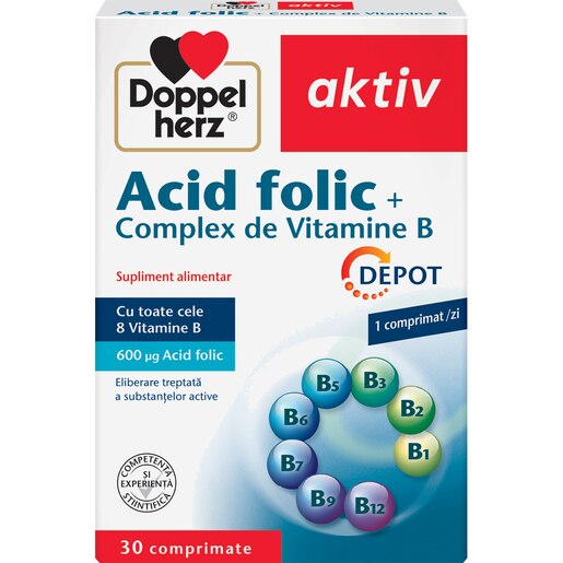 Supliment alimentar Aktiv Acid Folic + Complex vitamine B, 30 comprimate, DOPPELHERZ Supliment alimentar Aktiv Acid Folic + Complex vitamine B, 30 comprimate, DOPPELHERZ