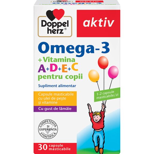 Supliment alimentar Aktiv Omega 3 + A + D + E + C pentru copii, 30 capsule masticabile, DOPPELHERZ Supliment alimentar Aktiv Omega 3 + A + D + E + C pentru copii, 30 capsule masticabile, DOPPELHERZ