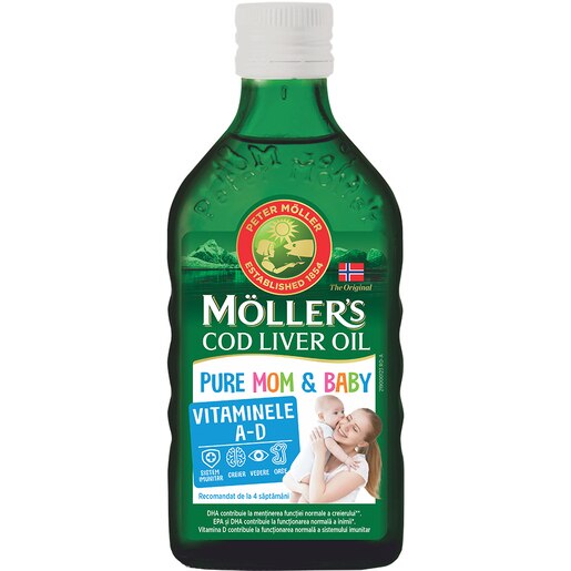 Supliment alimentar Ulei ficat de cod Pure Mom & Baby, 250 ml, MOLLERS Supliment alimentar Ulei ficat de cod Pure Mom & Baby, 250 ml, MOLLERS