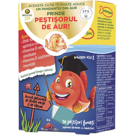 Supliment alimentar Pestisori gumati cu Omega 3, aroma de capsuni, 36 jeleuri, MOLLERS Supliment alimentar Pestisori gumati cu Omega 3, aroma de capsuni, 36 jeleuri, MOLLERS
