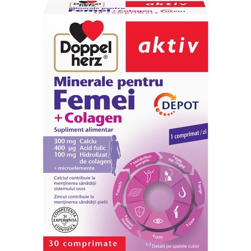 Supliment alimentar Aktiv Minerale pentru femei + Colagen, 30 comprimate, DOPPELHERZ Supliment alimentar Aktiv Minerale pentru femei + Colagen, 30 comprimate, DOPPELHERZ