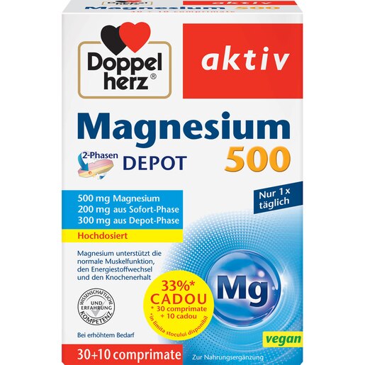 Supliment alimentar Aktiv Magneziu 500, 30 + 10 comprimate, DOPPELHERZ Supliment alimentar Aktiv Magneziu 500, 30 + 10 comprimate, DOPPELHERZ