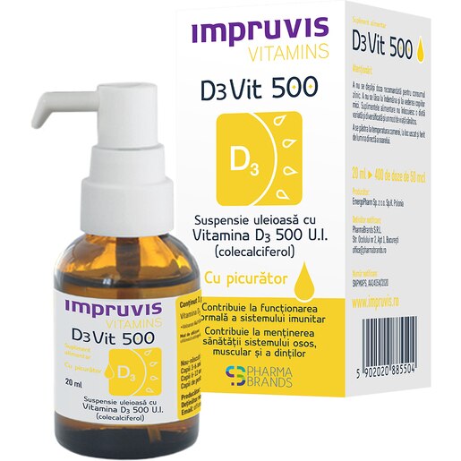 Impruvis D3 Vit 500 Suspensie uleioasa cu picurator cu Vitamina D3 500 U.I., 20 ml, PHARMA BRANDS Impruvis D3 Vit 500 Suspensie uleioasa cu picurator cu Vitamina D3 500 U.I., 20 ml, PHARMA BRANDS