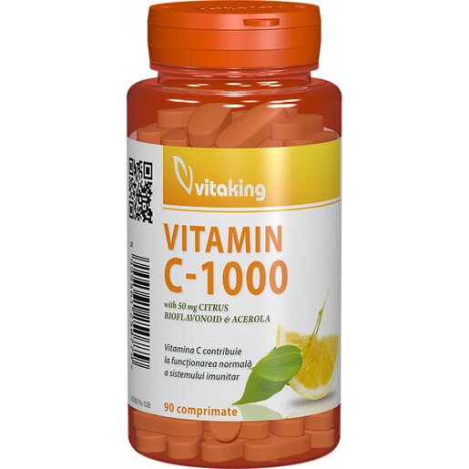 Supliment alimentar Vitamina C 1000 mg cu Bioflavonoide, acerola si macese, 90 comprimate, VITAKING Supliment alimentar Vitamina C 1000 mg cu Bioflavonoide, acerola si macese, 90 comprimate, VITAKING
