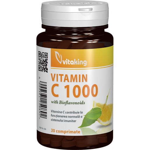 Supliment alimentar Vitamina C 1000 mg cu Bioflavonoide, acerola si macese, 30 comprimate, VITAKING Supliment alimentar Vitamina C 1000 mg cu Bioflavonoide, acerola si macese, 30 comprimate, VITAKING