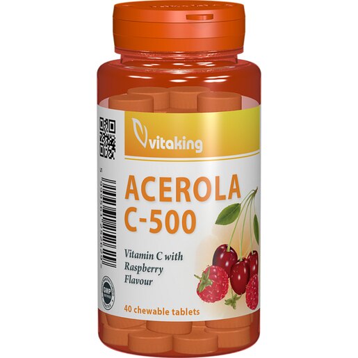 Supliment alimentar Vitamina C 500 mg cu Acerola, gust de zmeura, 40 comprimate masticabile, VITAKING Supliment alimentar Vitamina C 500 mg cu Acerola, gust de zmeura, 40 comprimate masticabile, VITAKING