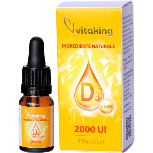 Supliment alimentar Picaturi de Vitamina D3, 2000UI, 10 ml, VITAKING Supliment alimentar Picaturi de Vitamina D3, 2000UI, 10 ml, VITAKING