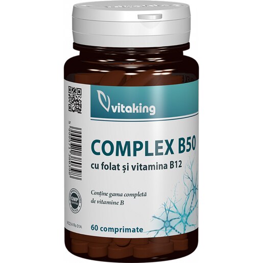 Supliment Complex B50 cu folat si Vitamina B12, 60 comprimate, VITAKING Supliment Complex B50 cu folat si Vitamina B12, 60 comprimate, VITAKING