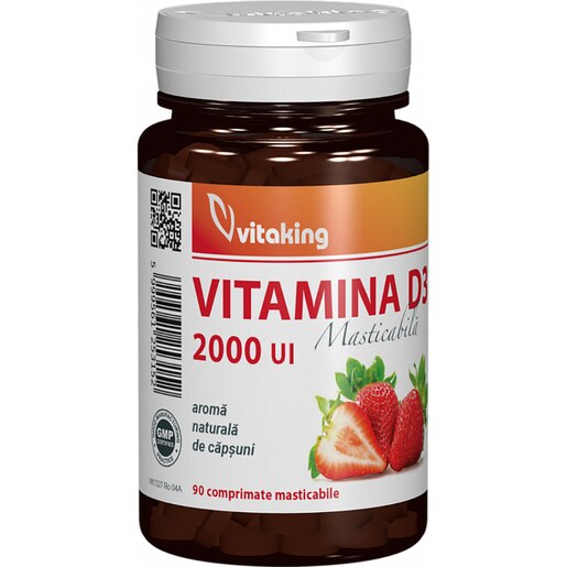 Supliment alimentar Vitamina D3 2000 UI, cu aroma de capsuni, 90 comprimate masticabile, VITAKING Supliment alimentar Vitamina D3 2000 UI, cu aroma de capsuni, 90 comprimate masticabile, VITAKING