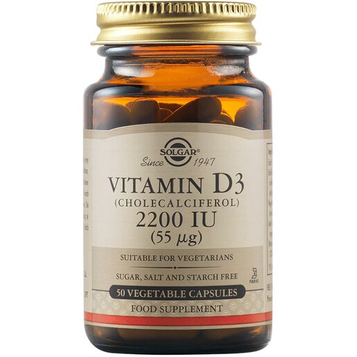 Supliment alimentar Vitamina D3 2200 UI 55 mcg, 50 capsule vegetale, SOLGAR Supliment alimentar Vitamina D3 2200 UI 55 mcg, 50 capsule vegetale, SOLGAR
