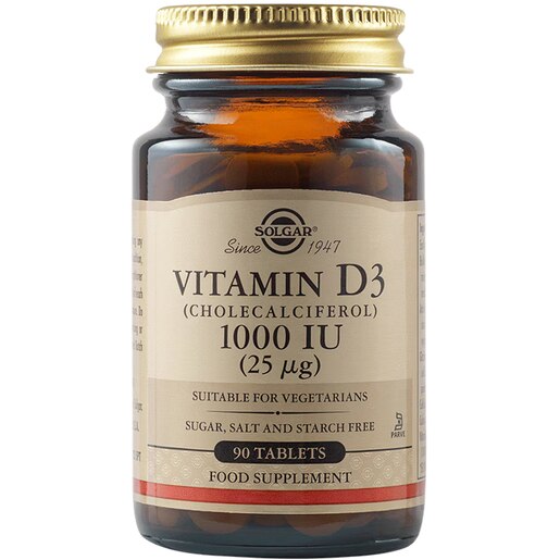 Supliment alimentar Vitamina D3 1000 UI 25 mcg, 90 tablete, SOLGAR Supliment alimentar Vitamina D3 1000 UI 25 mcg, 90 tablete, SOLGAR