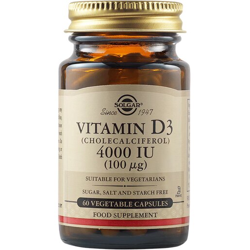 Supliment alimentar Vitamina D3 4000 UI 100 mcg, 60 capsule vegetale, SOLGAR Supliment alimentar Vitamina D3 4000 UI 100 mcg, 60 capsule vegetale, SOLGAR